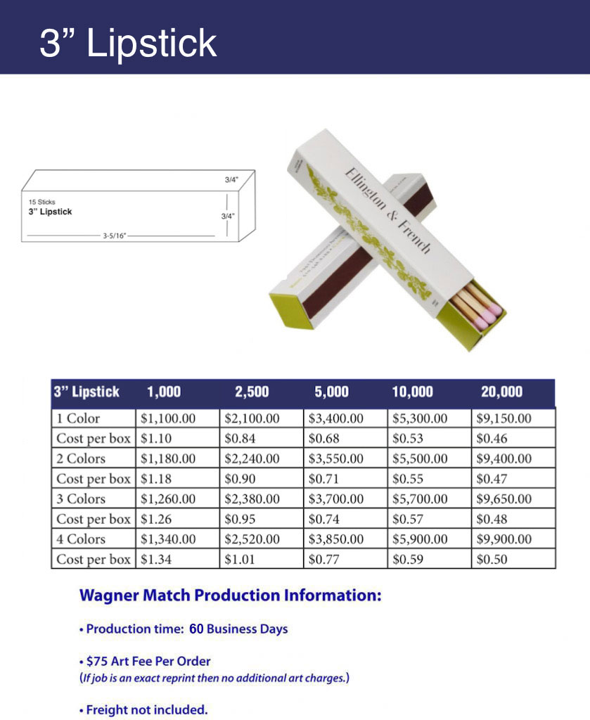 Lipstick Match Box - Three Inch - Pricing
